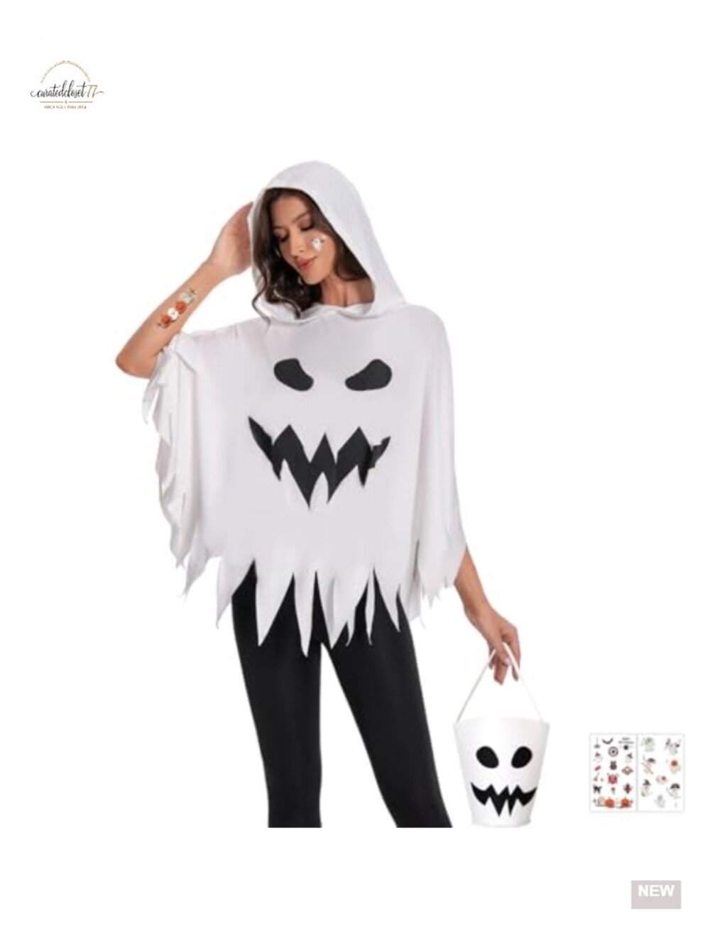 Halloween Ghost Poncho Costume Set Hooded Polyester 4 Piece Adult